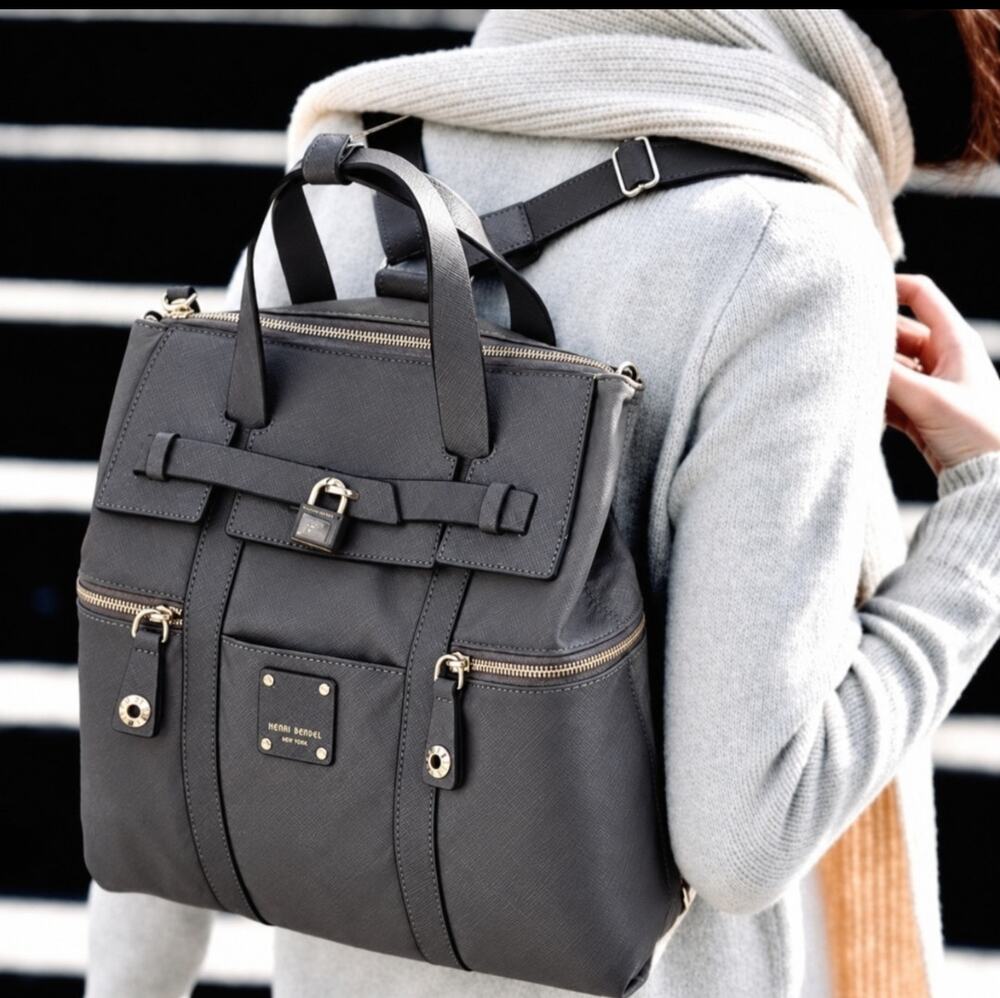 Henri Bendel Black Jet Setter Convertible Nylon and Leather Backpack Crossbody